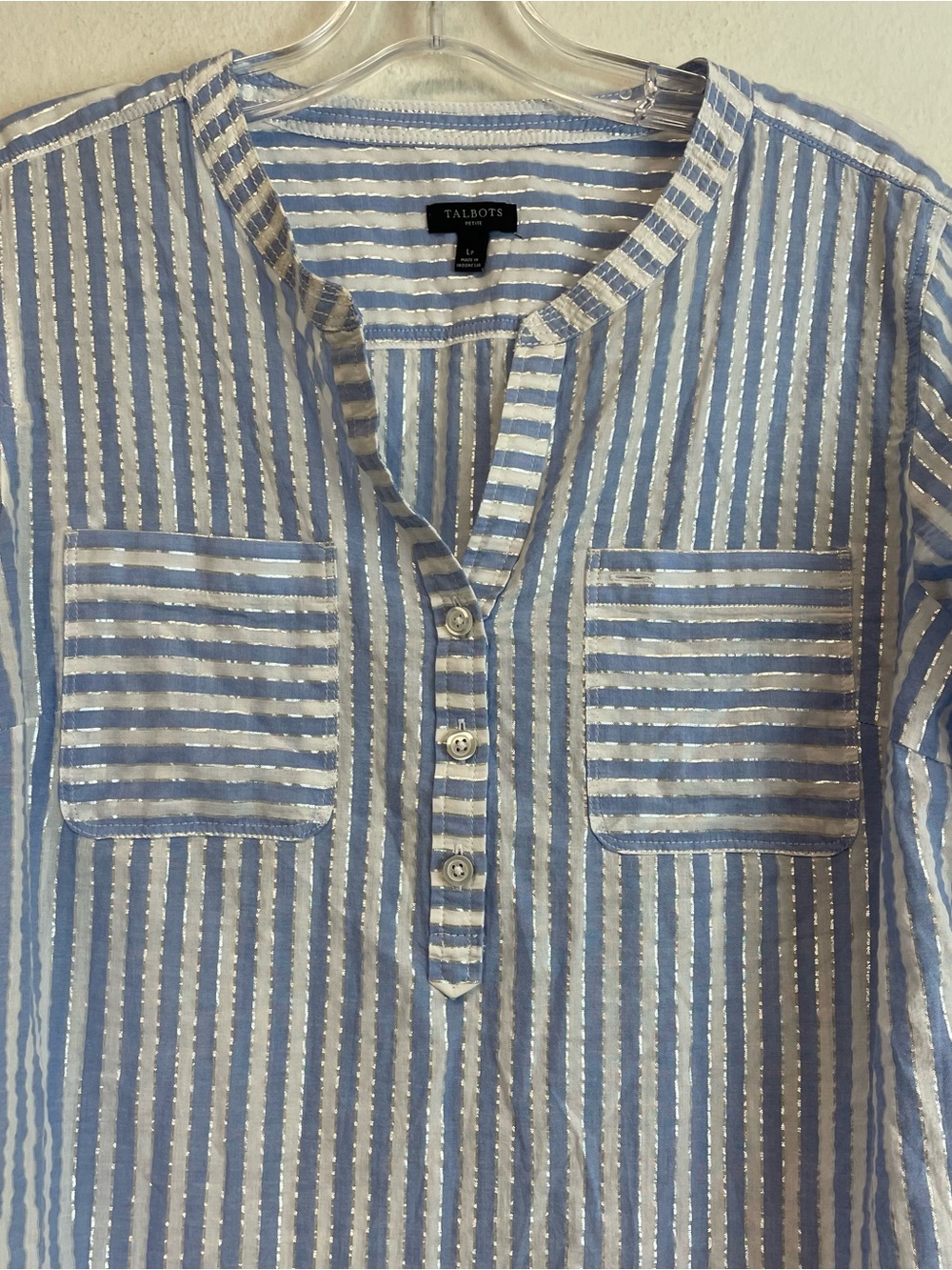 Talbots Light Blue and White Striped Popover Shirt Size L Petites - Picture 2 of 8